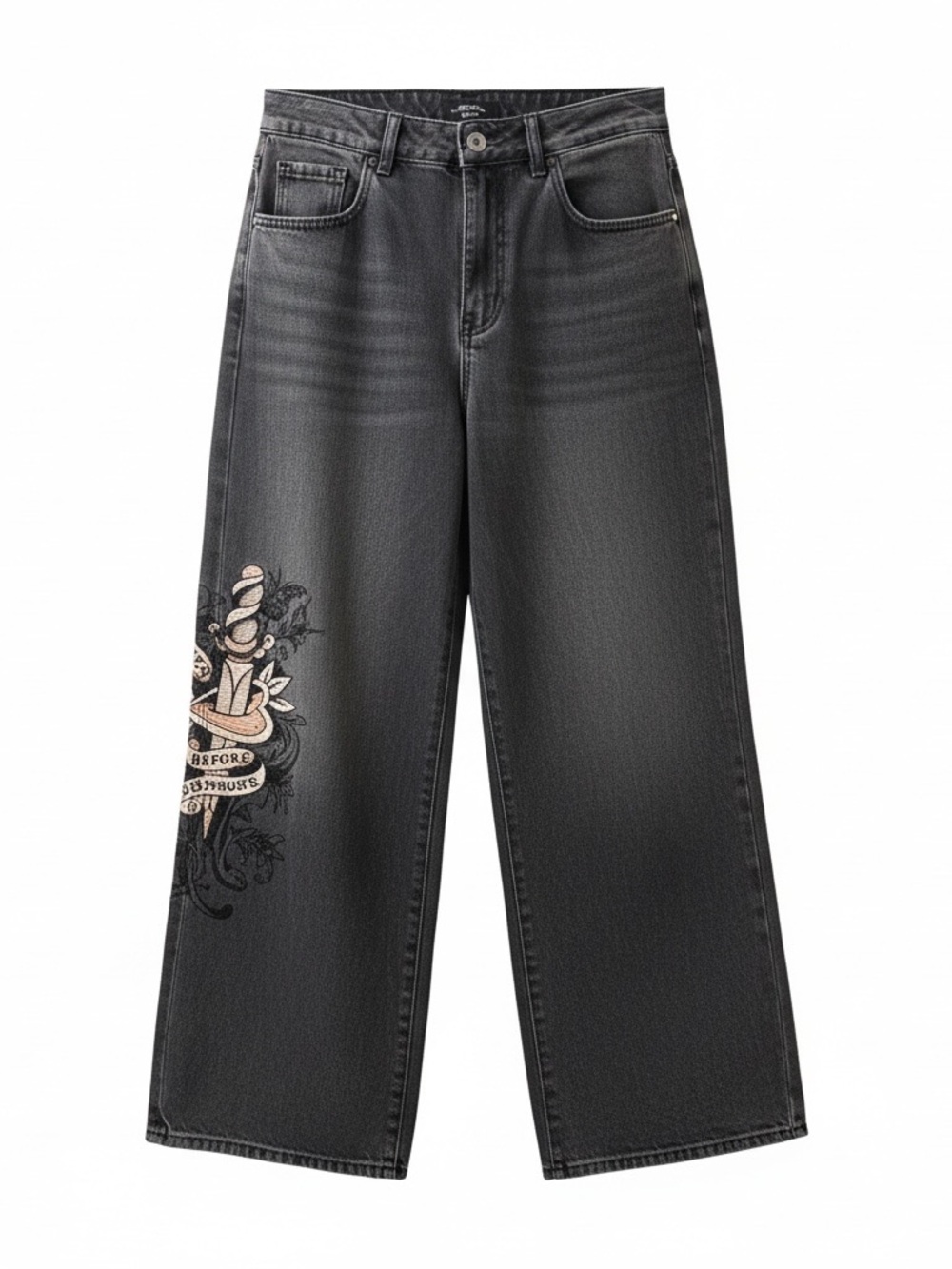 Ed Hardy Black Wide-Leg Jeans with Left-Leg Tattoo Print in Cream